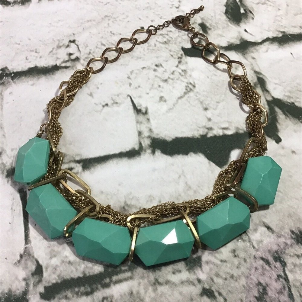 Vintage Necklace‎ Teal Cut Beaded Multple Gold-Tone Chains Mod Statement